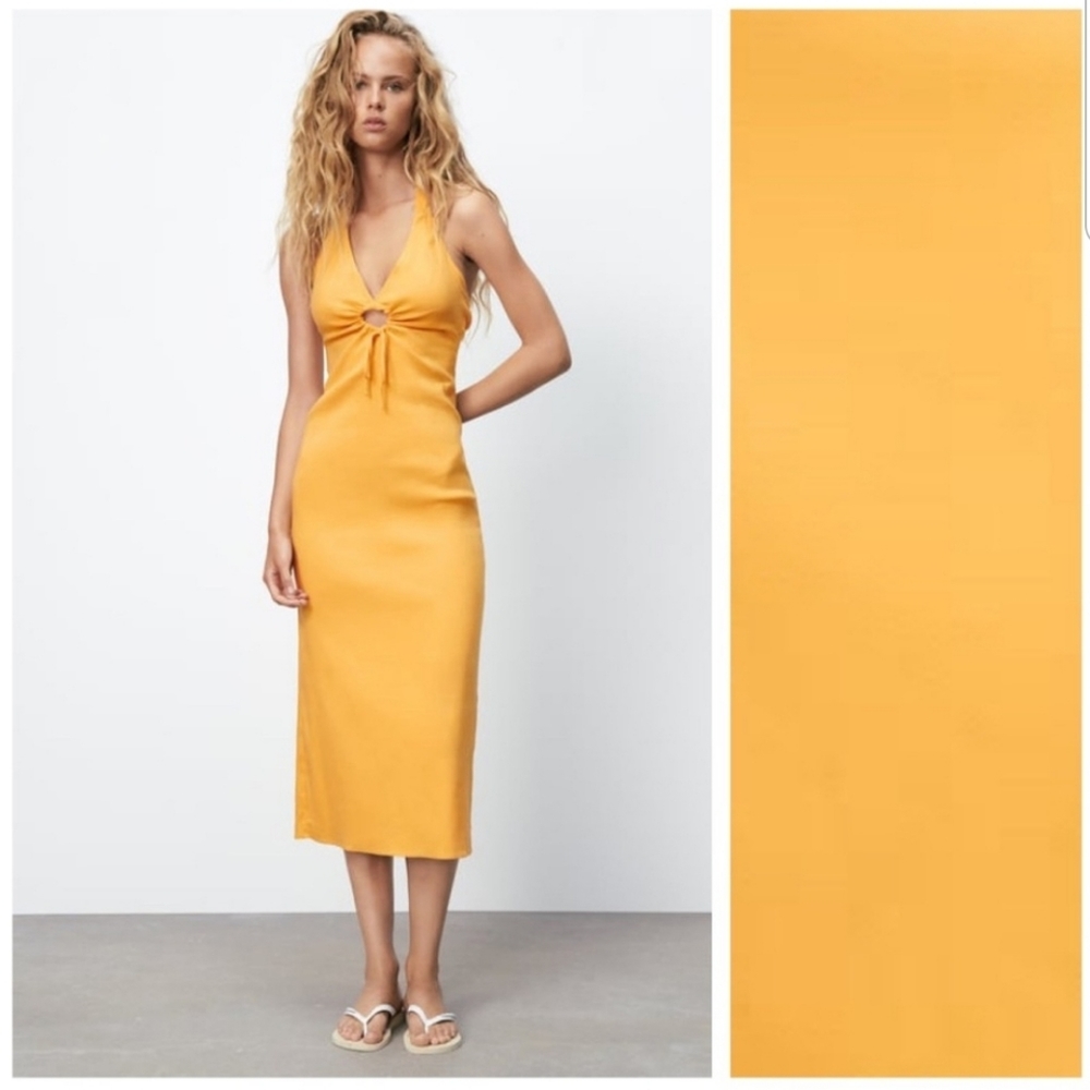 SOLD OUT! NWT Zara Linen Blend Halter Keyhole Cut-Out Midi Dress- Tangerine, M
